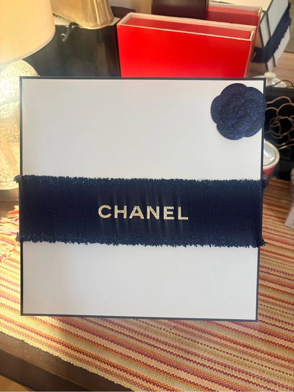 Chanel  Box with Navy Blue Ribbon and Camelia NWOT